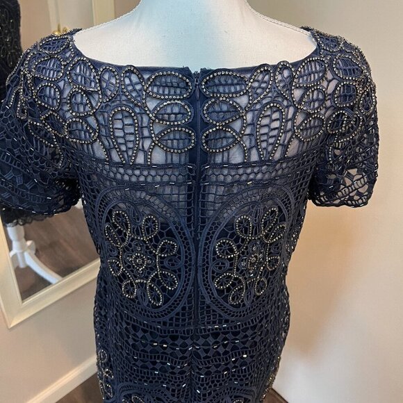 Aidan Mattox Navy Short Lace Beaded Sheath Cocktail Dress, Size 12 - Picture 13 of 16